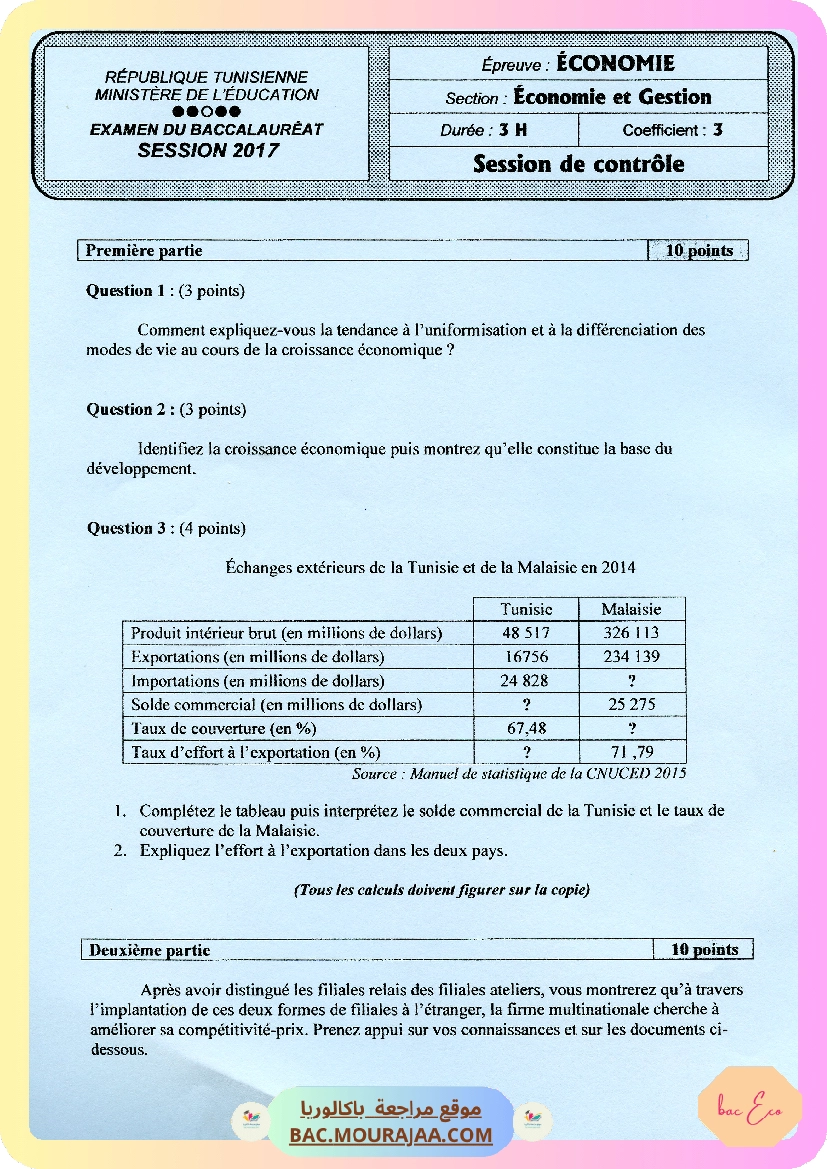 Sujet controle eco Bac 2017 – Section eco
